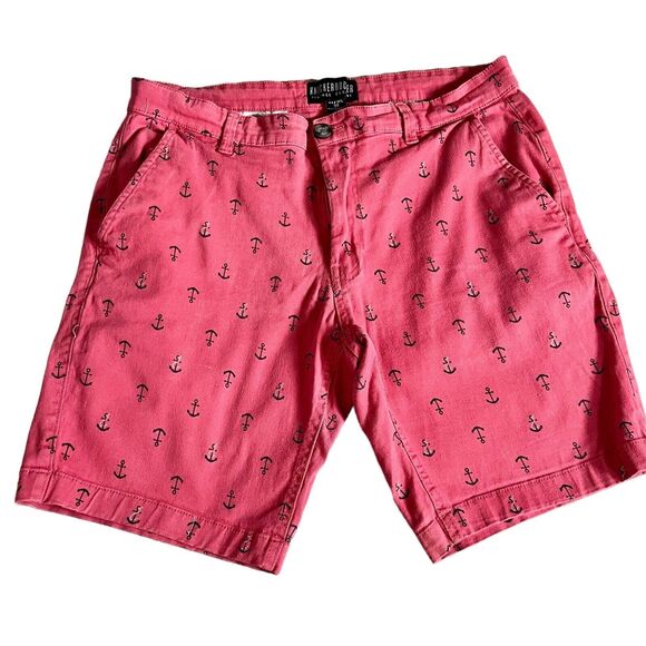 KnickerBocker Mens Chino Shorts Red Salmon Denim Anchor Ocean Print Sz 34 - Picture 2 of 8